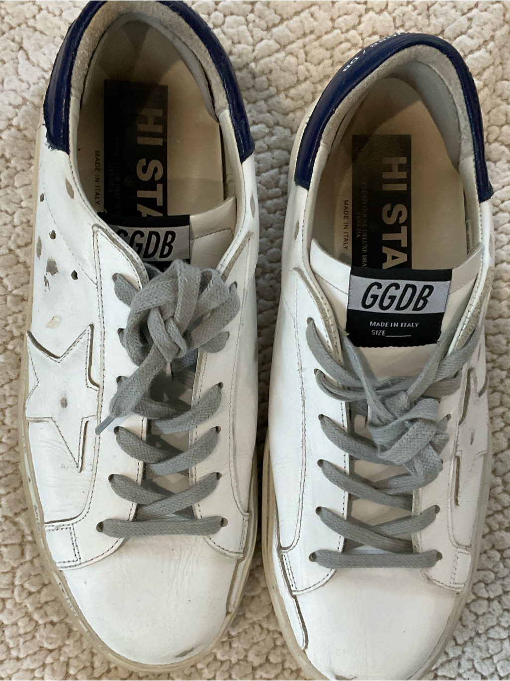 Golden Goose White Leather Sneakers With Gray Laces And Navy Heel Tab Sz 40